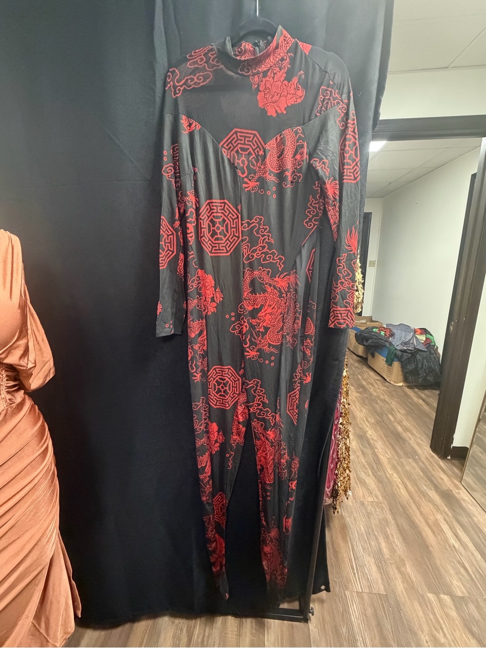 Black & Red Dragon Print Long Sleeve Jumpsuit